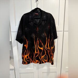 Vintage 90s C-Two Mens XXL Black Flame Tribal Skulls AOP Skater Shirt